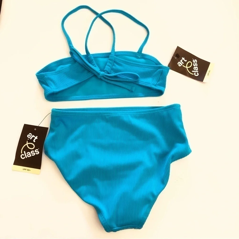 Art Class Girls Blue Turquoise Bandeau Ribbed Crisscross Tie Bikini Set Sz S/6-7